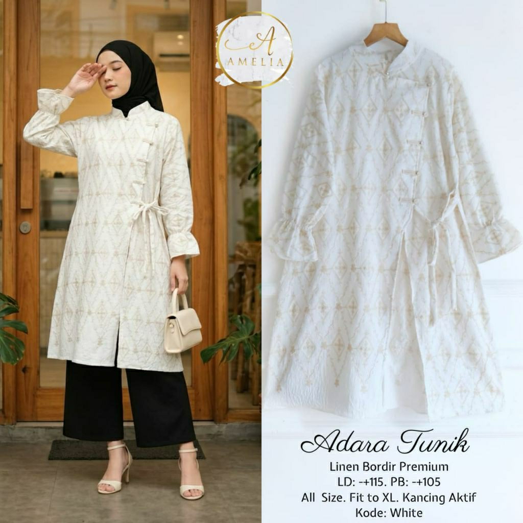 Adara long tunik linen remaja dewasa motif bordir abstrak model tali samping