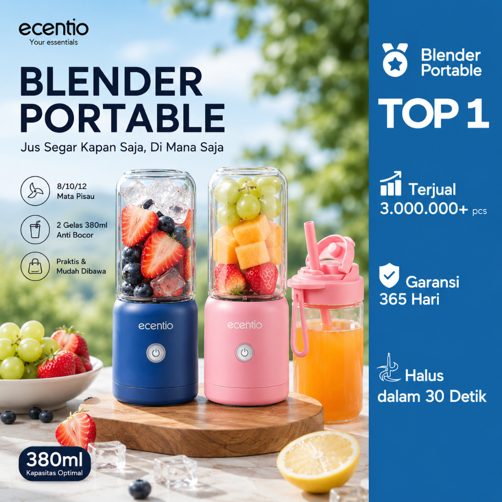 [2.0]ecentio Blender Portable Juicer 8/10/12 Mata Pisau Kaca Tebal, 2 Gelas 380ml Anti Bocor Dilengk
