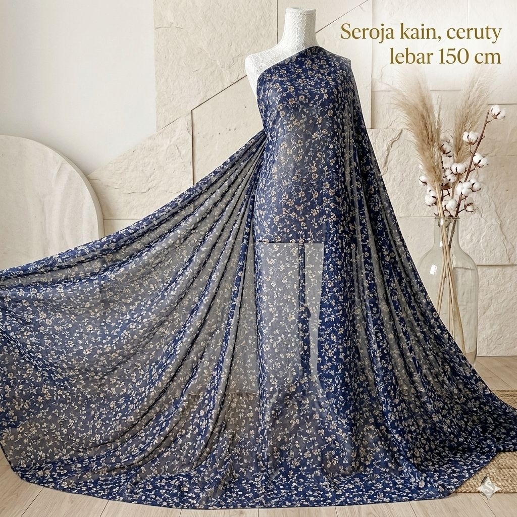 Kain Sifon Ceruti Motif Bunga Kecil Vintage Navy Premium Meteran Bahan Gamis Tunik Dress Korean Styl