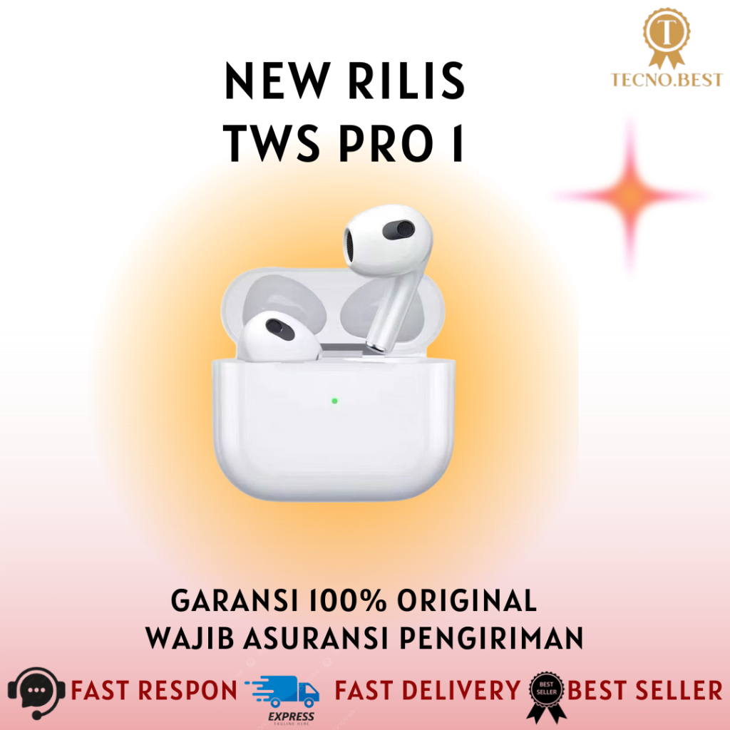 Earphone Bluetooth Airpods Pro 1 - Bluetooth 5.3, Kompatibel iOS & Android, Kontrol Sentuh