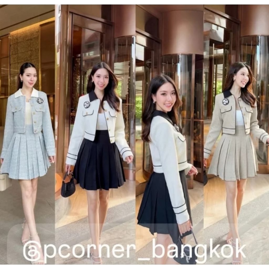 PO, TIDAK READY Tweed Set Long Sleeve Top, Flower Brooch & Pleat Skirt #NOREFUND #NOEXCHANCE
