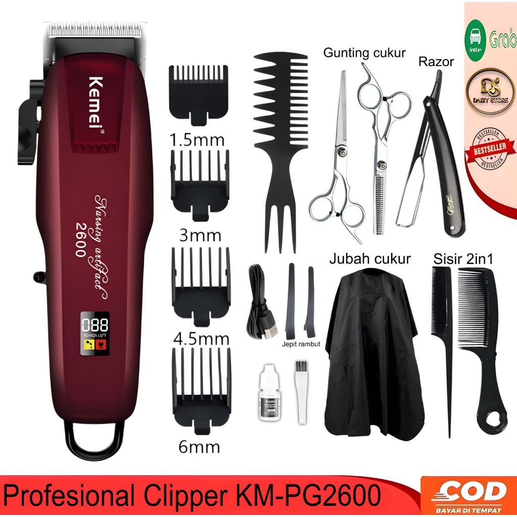 KEMEI Mesin Cukur Rambut Cas Barbershop Alat Cukur Indikator Baterai LCD