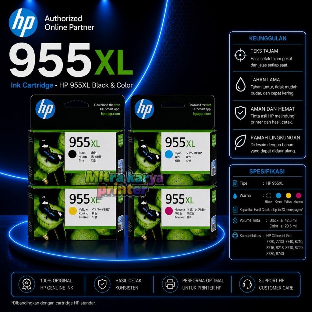 Tinta HP 955XL Cartridge Black,Cyan,Yellow,Magenta.HP OfficeJet Pro 7720HP OfficeJet Pro 7730HP Offi
