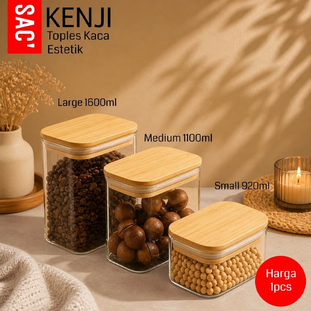 KENJI Toples Kaca Estetik Premium Kopi Teh Snack Bumbu Kacang Tutup Kayu Kedap Udara Serbaguna