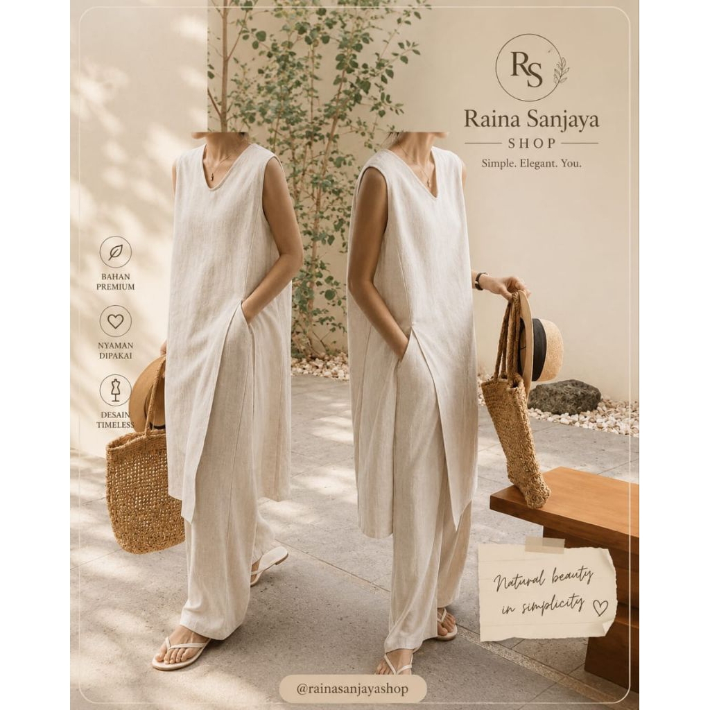 LUNA ONE SET LONG TUNIK||party dress wanita kerah v neck outdoor event slit cantik jumbo dress panta