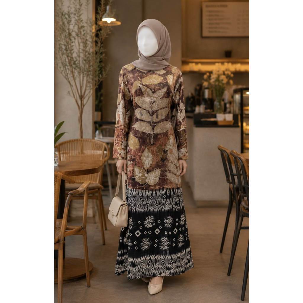 Gamis Aline Jumputan Palembang | Bahan Sutera Ecoprint Kombinasi Jumputan | Premium