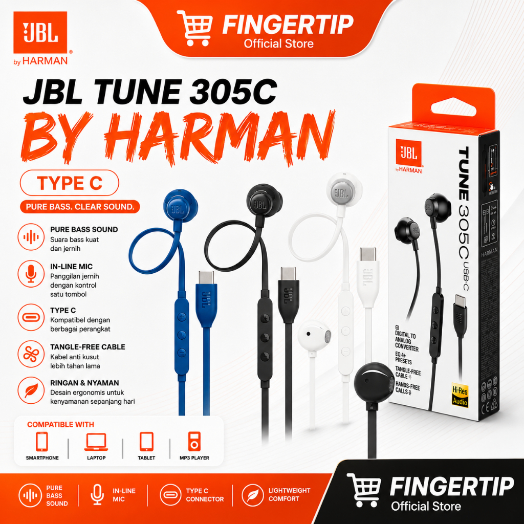 JBL Tune 305C USB Type-C Earphone Original by Harman Bass Mantap Hi-Res Audio Mic & Remote