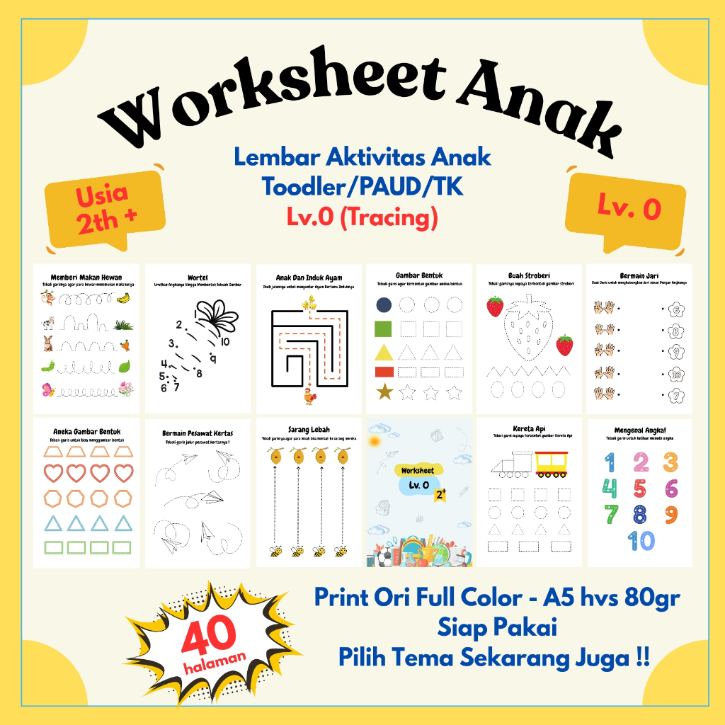 Worksheet Lembar Kerja Aktivitas Anak 2 Tahun Toodler 40 Lembar Berwarna