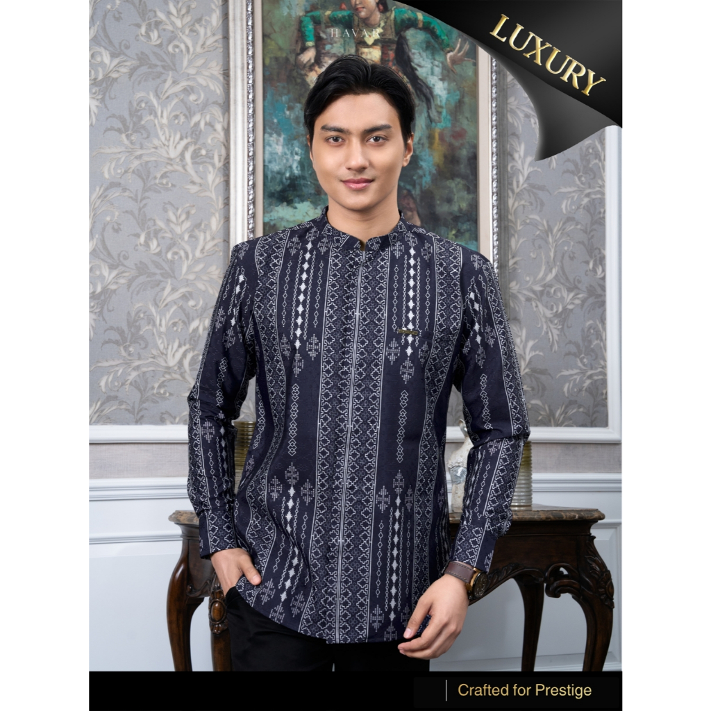 HAVAR Siraj Navy Kemeja Koko Muslim Premium Slimfit Lengan Panjang