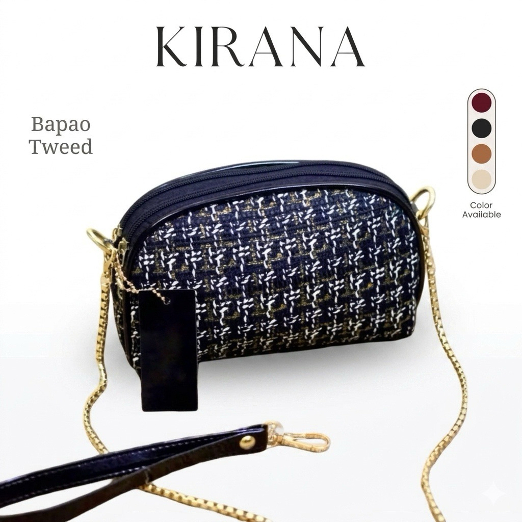 Dompet Bapao Fashion Terbaru Wanita Motif Tweed Bahan Kanvas Kombinasi Satin Aksesoris Rantai Emas