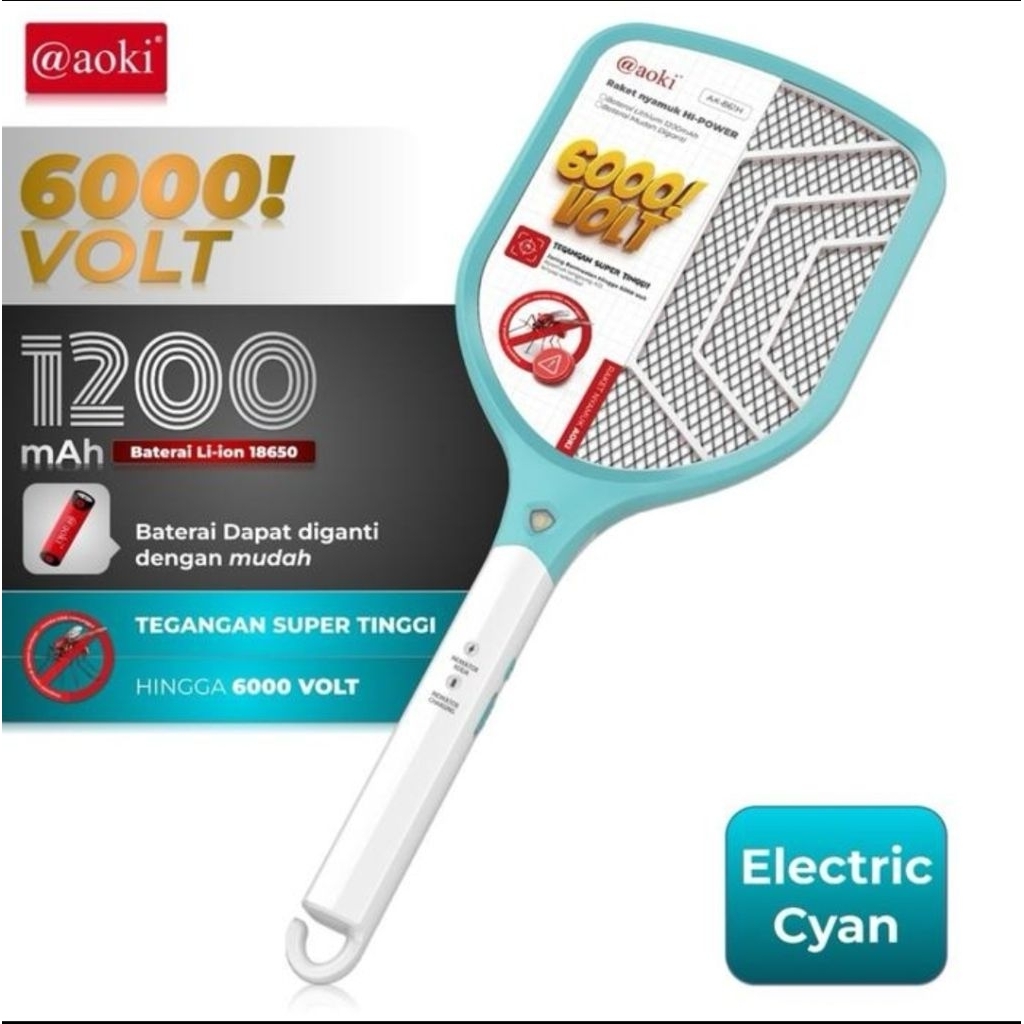 AOKI Raket Nyamuk Rechargeable AOKI AK 861H Raket Nyamuk Charge Cas Batere 1200 mah Tegangan 6000 Vo