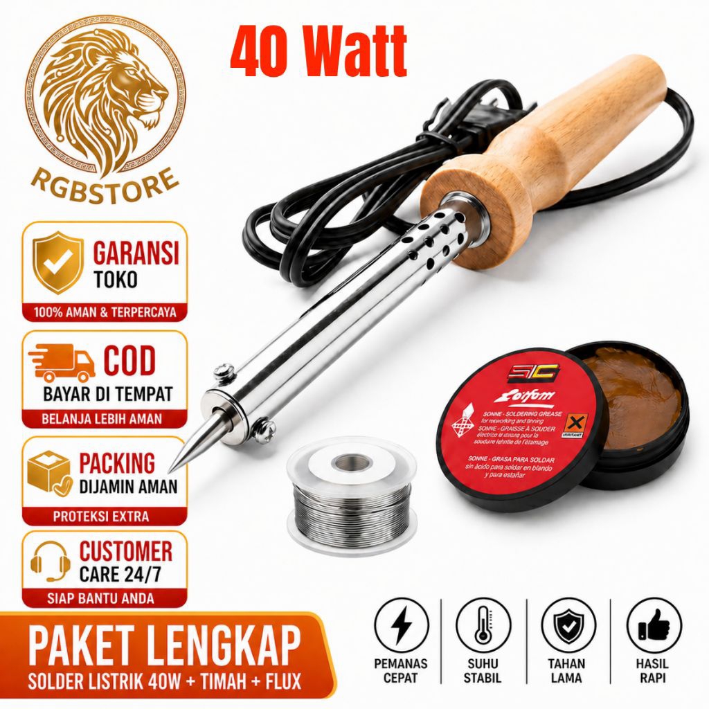 Paket Lengkap Solder Listrik 40W + Flux Pasta Solder + Timah Solder 2 Meter