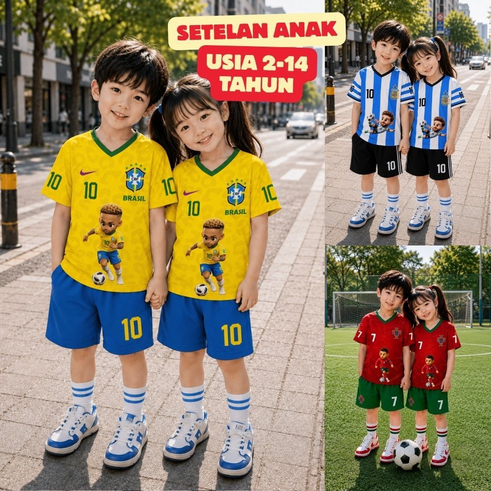 Setelan Jersey Bola Anak Lucu | Kaos Celana Anak Tim Brazil Argentina Portugal Usia 2–14 Tahun