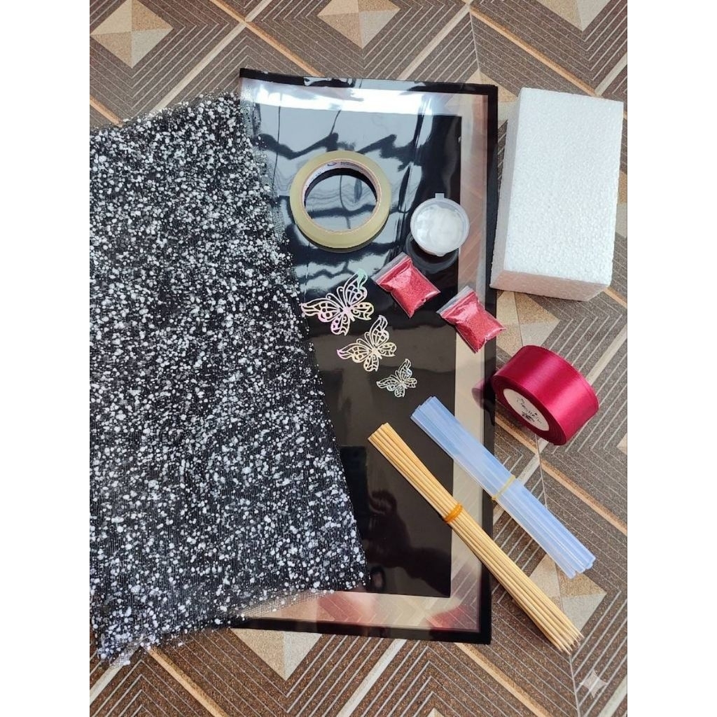 Satu Set Paket Bahan Buket Bunga pita satin gliter lengkap dan Hemat - Bahan Bunga pita Satin Hemat