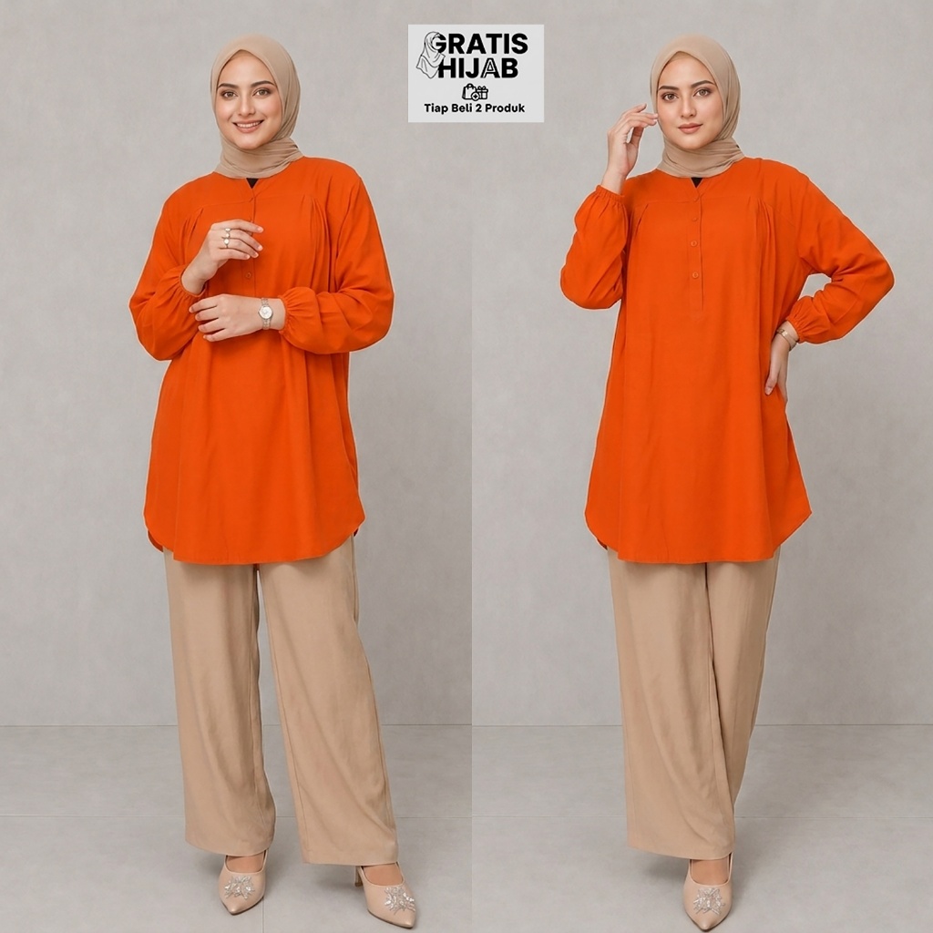 Baju Blouse Jumbo Polos Atasan Wanita Lengan Panjang Dewasa Muslimah Polos Warna Vibrant Orange [BLS