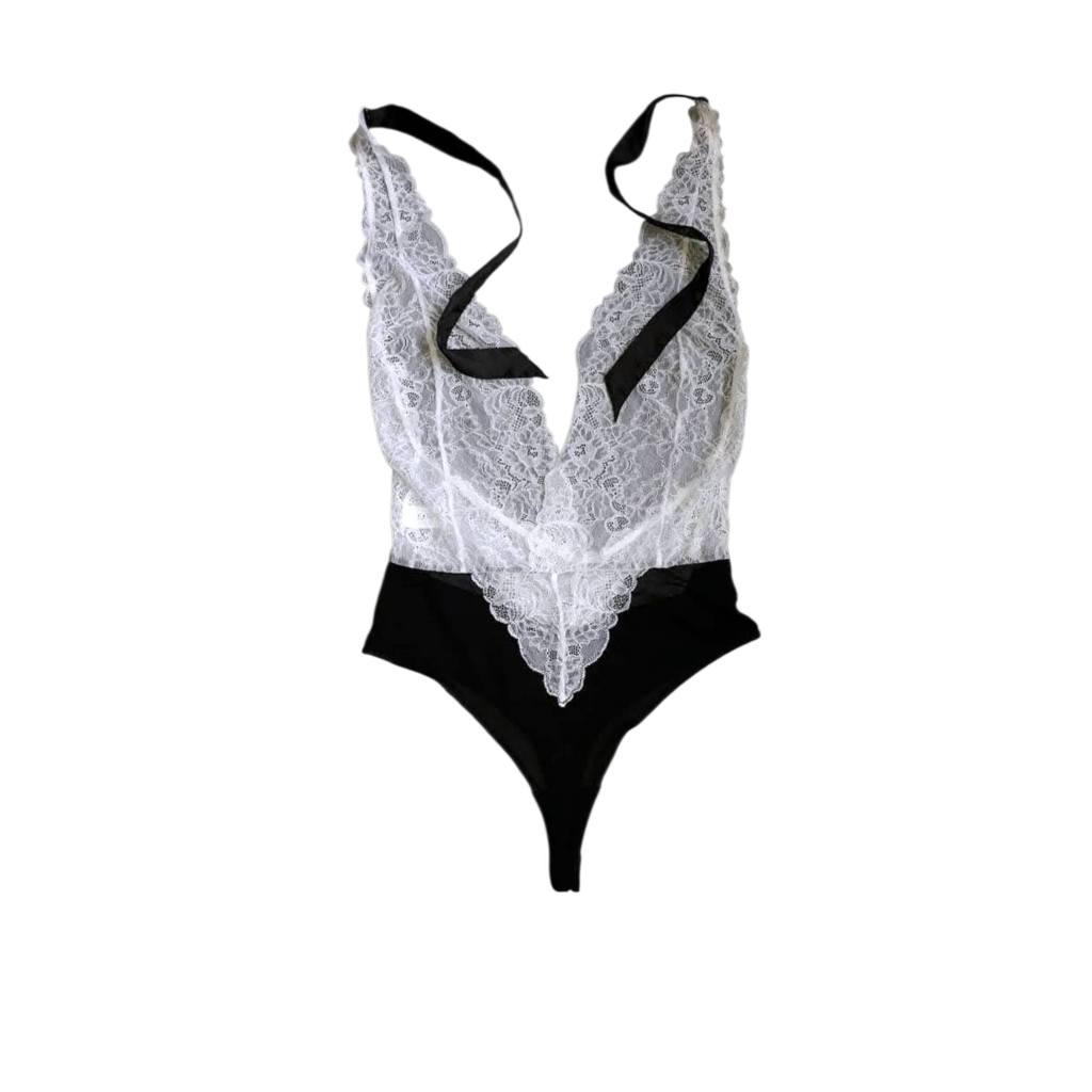 Bodysuit Brokat Putih Transparan Kombinasi Hitam Tanpa Kawat Lable