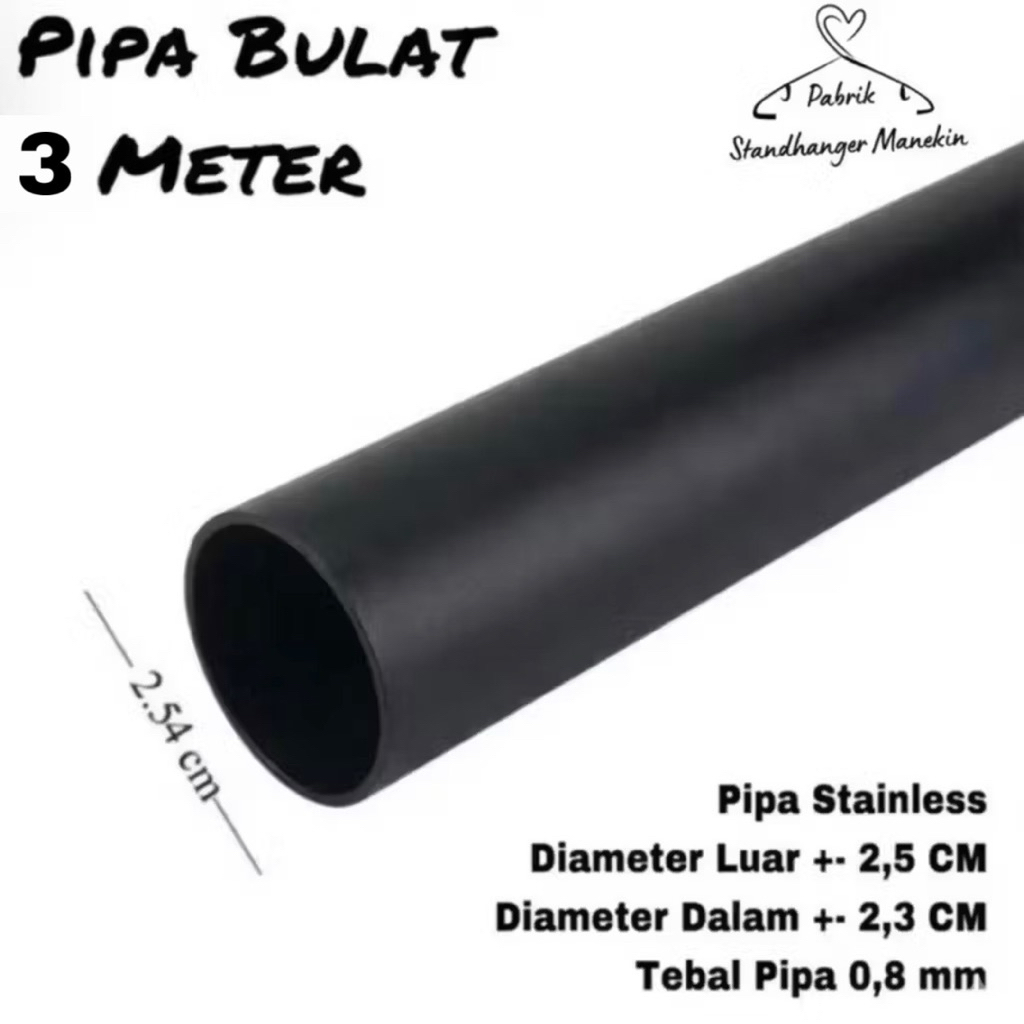 Pipa Besi Bulat Stainless cat Hitam 3 Meter | Pipa Bulat Display | Besi Bulat 300 CM | Besi Bulat | 