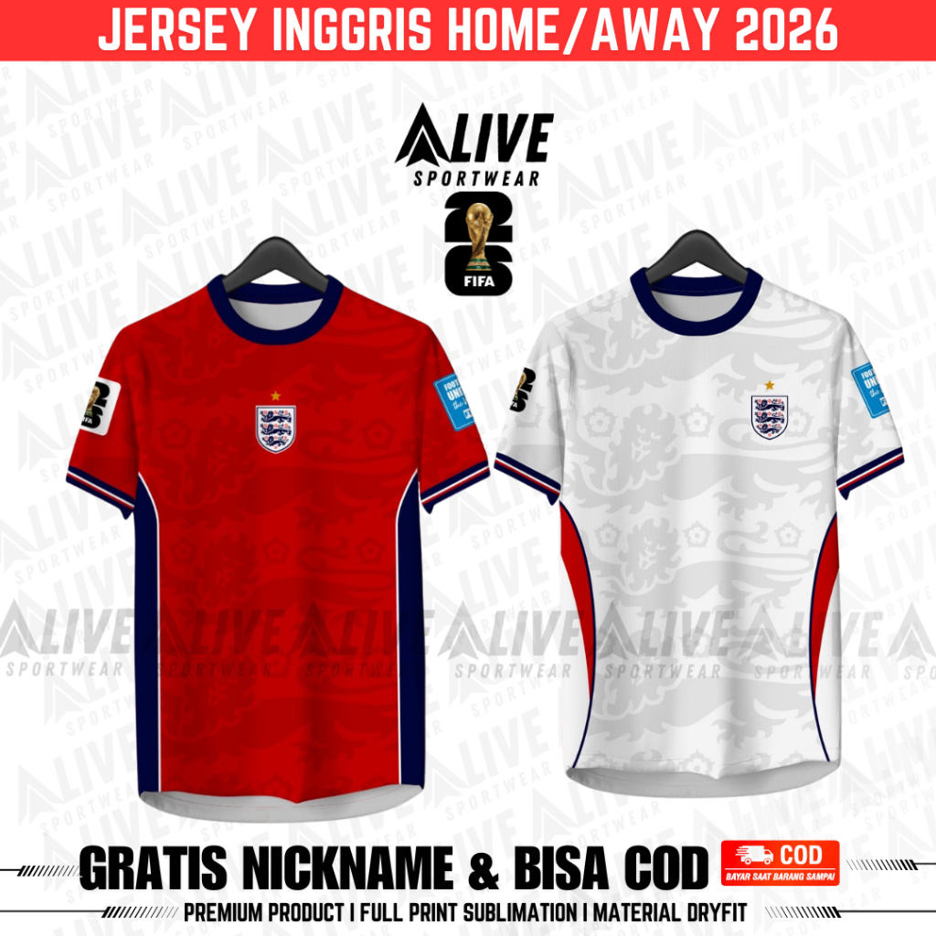 Jersey Home Away IngGRIS 2026 Full Printing Premium Full Patch Gratis Pasang Nama dan Nomor Punggung