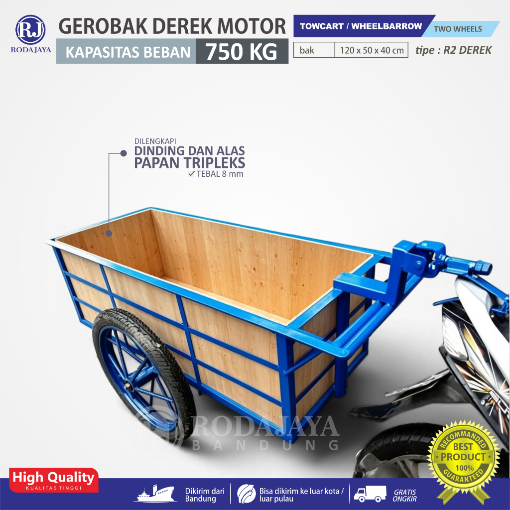 Gerobak derek motor / towcart wheelbarrow / gerobak sampah derek motor / kapasitas beban 750 kg / in