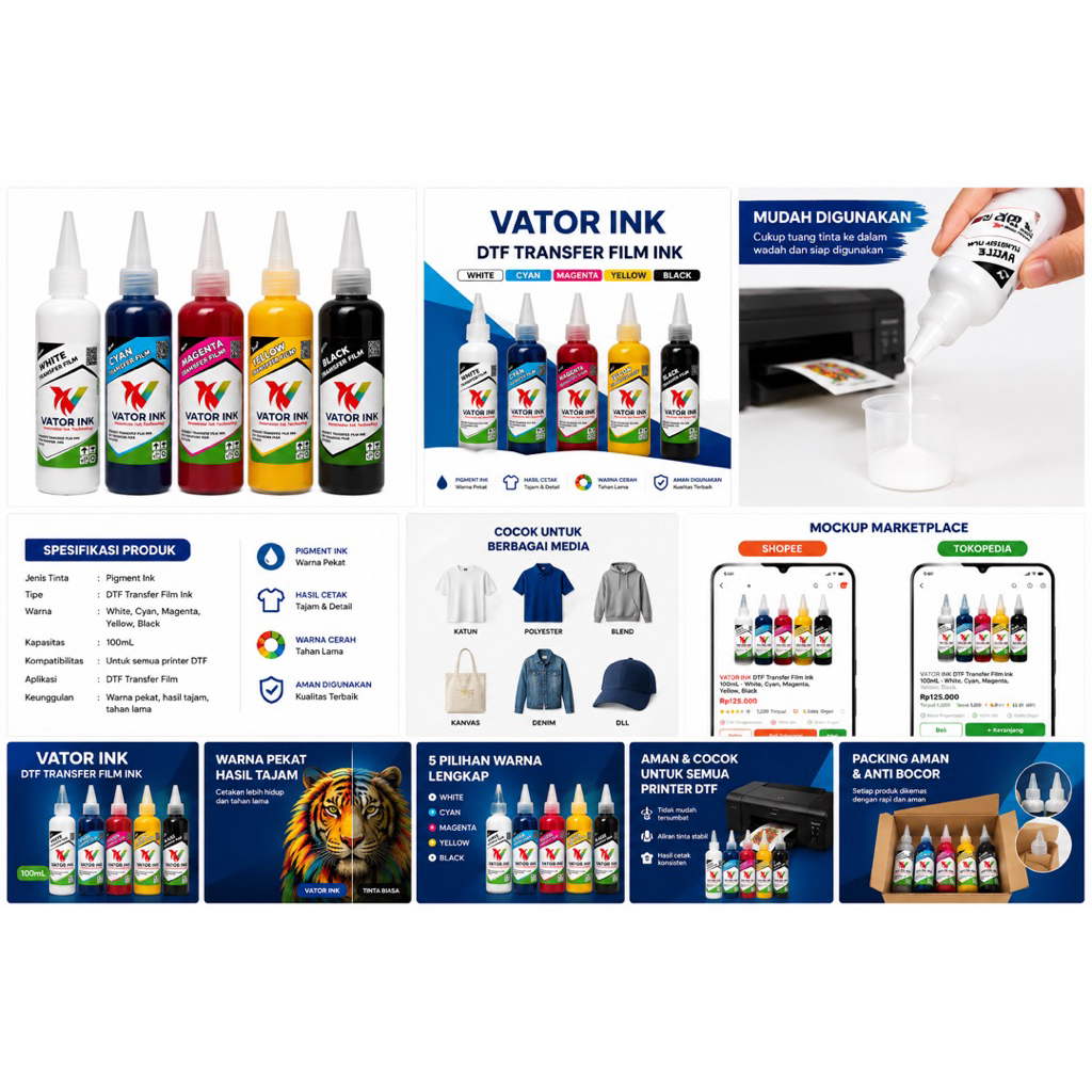 Vator Ink Transfer Film DTF CMYKW 250ML