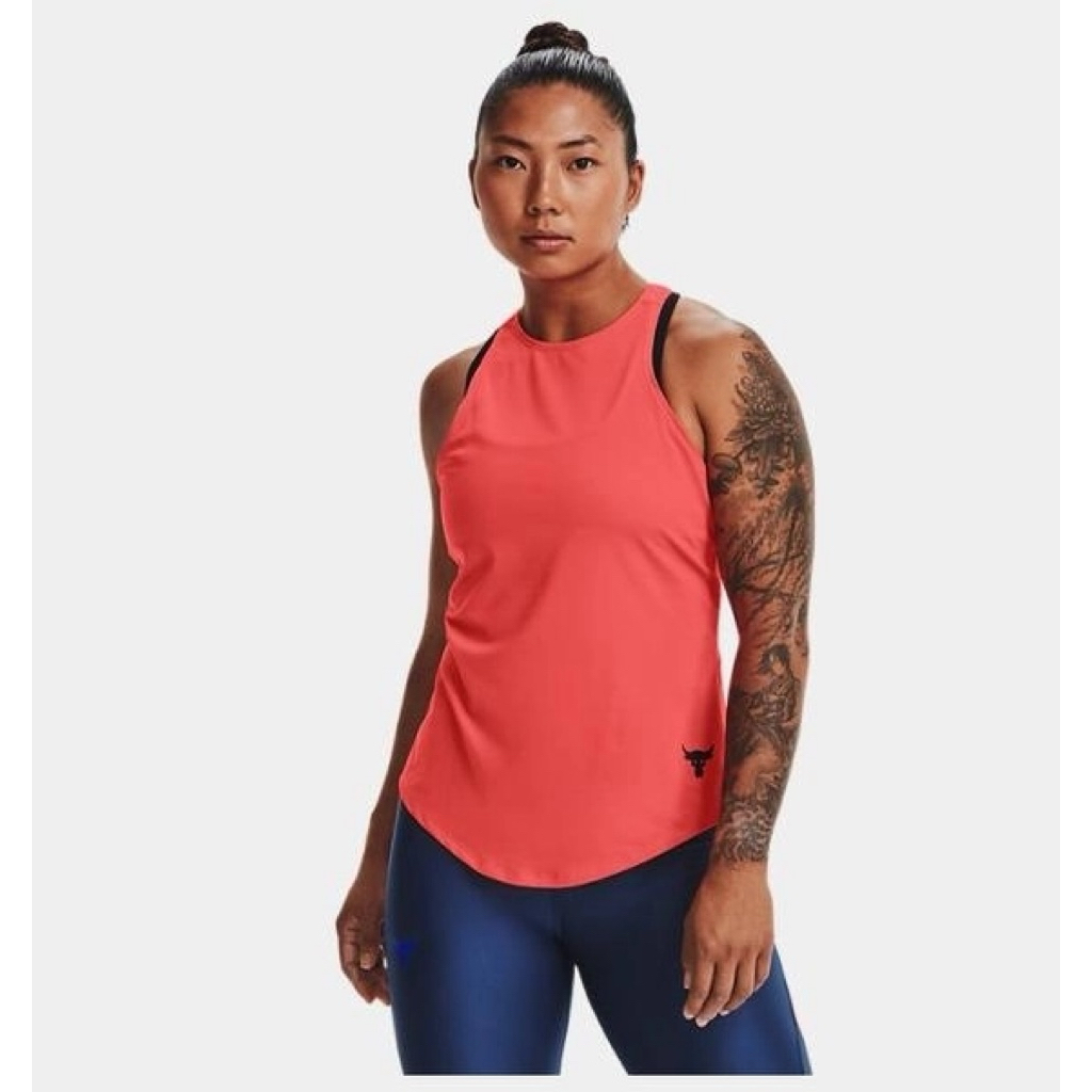 Under Armour UA Project Rock Tank Top Wanita Olahraga Gym Running Original - Orange Coral Pink