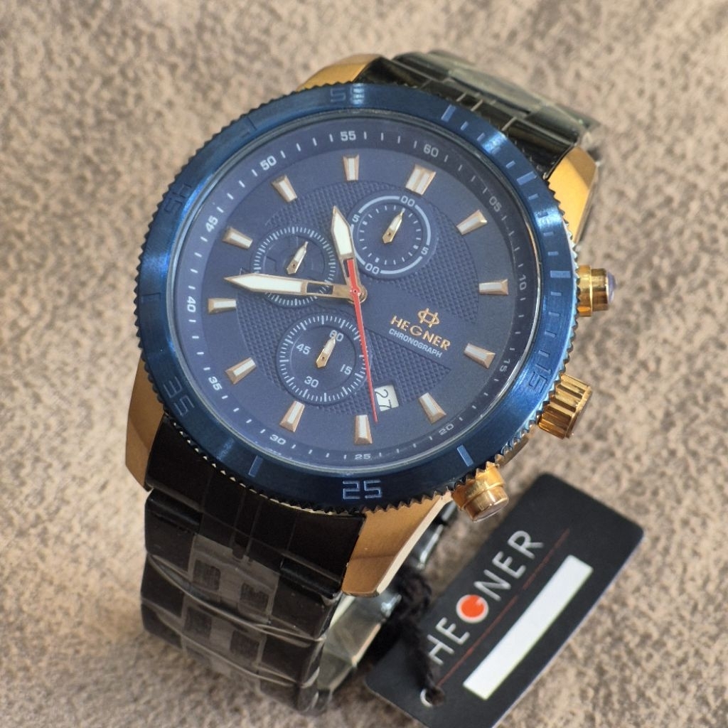 Hegner HW 1675 G-3 Chronograph Jam Tangan Pria Black Rosegold Kombinasi Biru