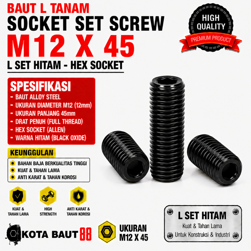 Baut L Tanam M12X45 / L Set 12X45 / Baut Tanam L M12 X 45 / L Set Hitam 12 X 45  - Socket Set Screw 