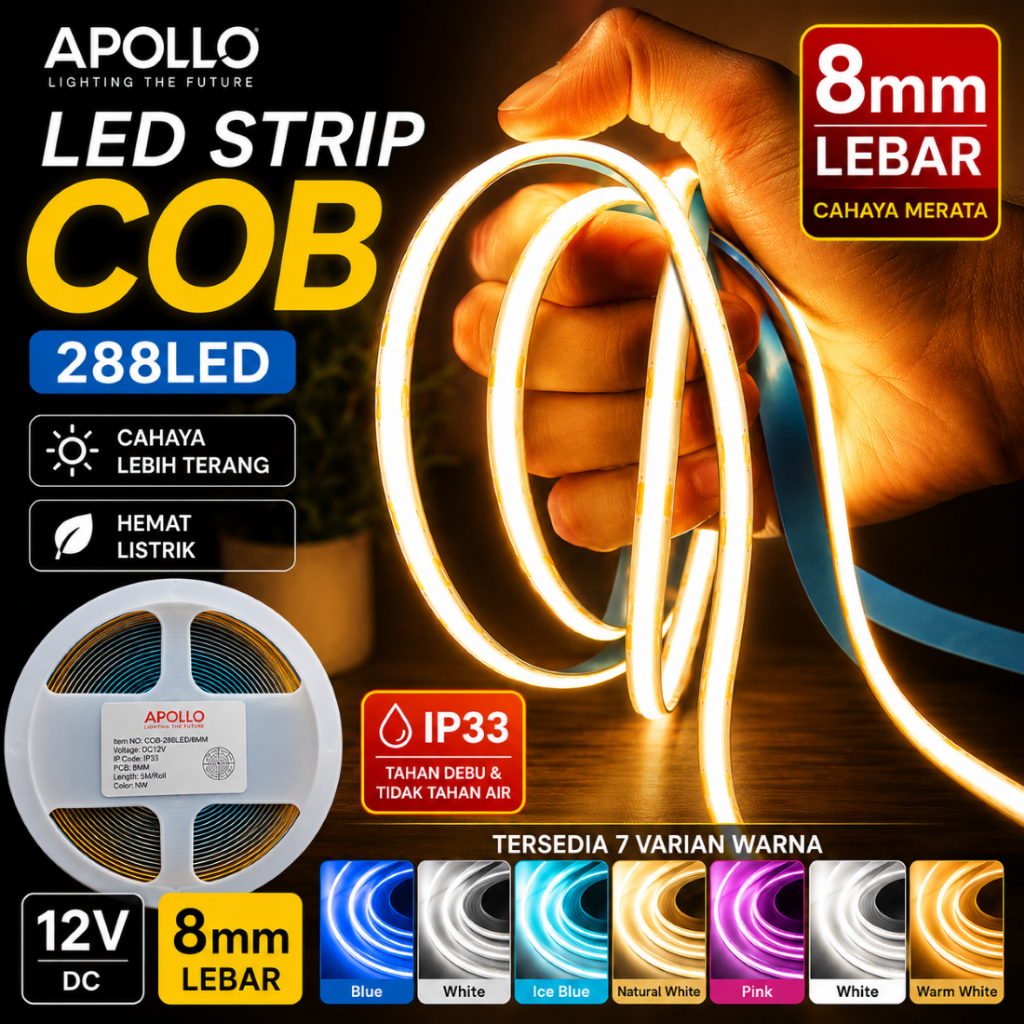 Apollo LED Strip COB 5 Meter 288LED DC 12V IP33 Lampu Strip Dekorasi Kamar Gaming Room Setup