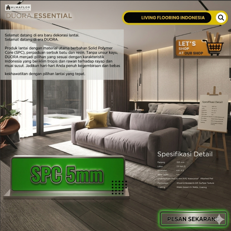Lantai SPC DUORA ESSENTIAL Wood series Tebal 5,5mm Anti Aplikasi untuk Kamar Tidur & Ruang Rapat