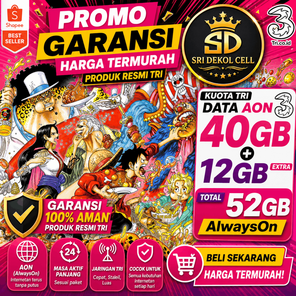 Kuota AON Tri 40GB + 12GB | Total 52GB AlwaysOn | Data Full 24 Jam Murah