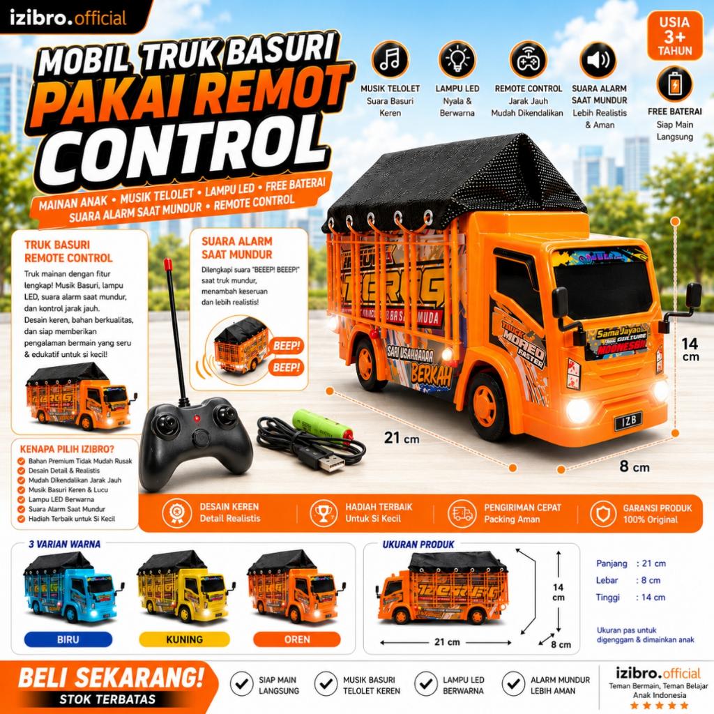 Izibro - Mainan Anak RC Truk Truck Konstruksi Oleng Super Dump Truk Remote Control Basuri Telolet