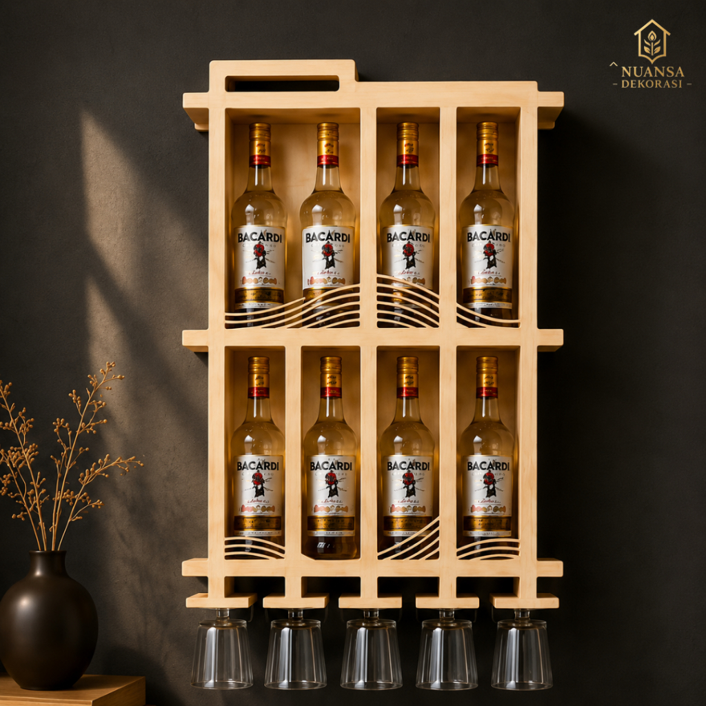 Rak Minuman Dinding Kayu Minimalis | Rak Botol & Gelas Gantung Estetik | Wall Shelf Bar Kayu Premium