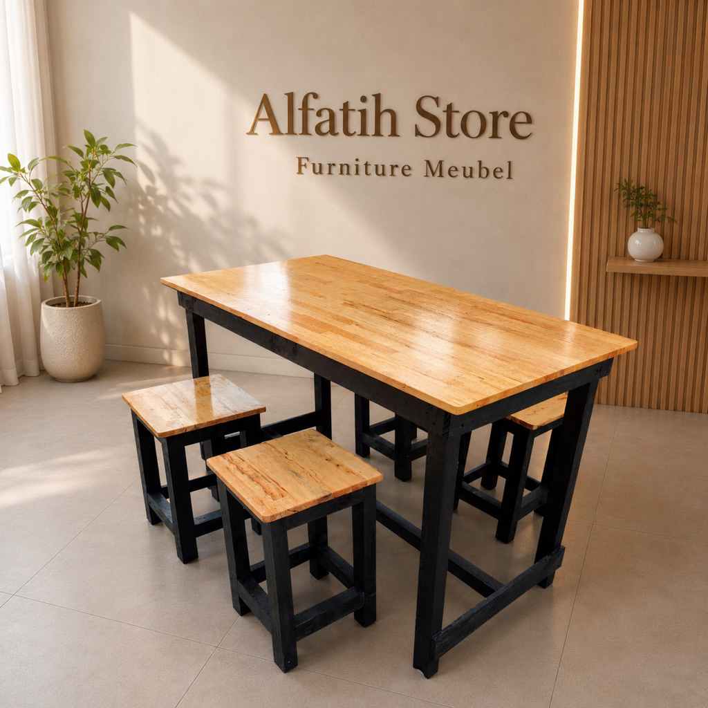 Set Meja Makan / Coffee / Kafe Kayu Minimalis Industrial Bangku Panjang 120x60 Solid Natural