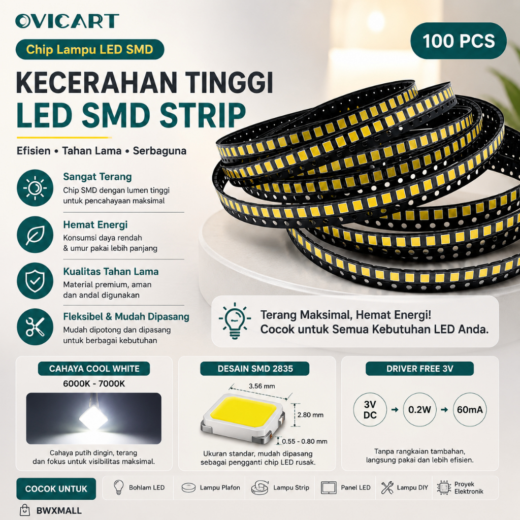 Sparepart Chip LED SMD 2835 Putih Terang Cool White 3V Ovicart Driver Free Isi Seratus Buah Untuk Se