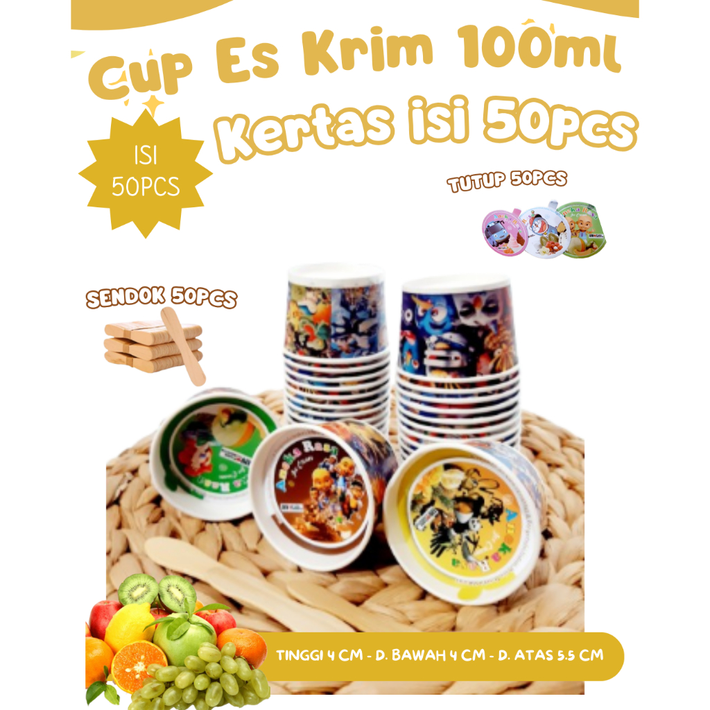 Gelas Kertas Motif 100ml Premium Cup Paper Es Krim & Puding Tebal Tahan Panas Dingin Isi [50 Pcs]