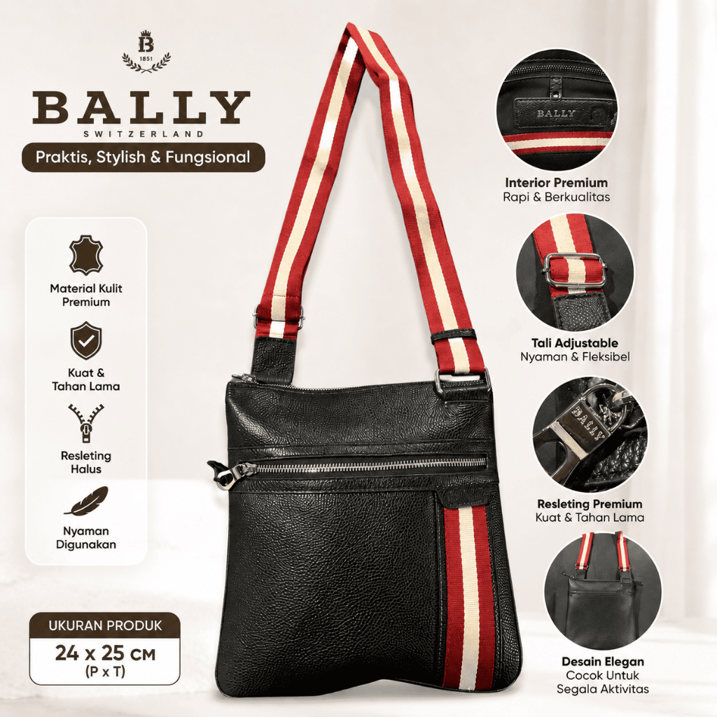 Tas Selempang Pria Bally Swiss Hitam Kulit, Tali Adjustable, Desain Elegan