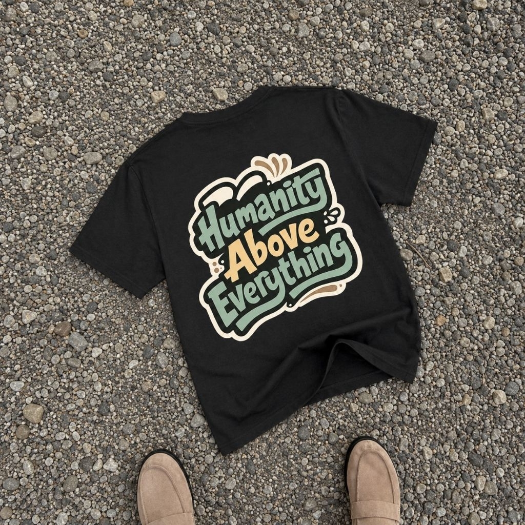 Kaos Typografi Hitam Simpel Elegan untuk Cewe dan Cowo dengan Desain Humanity Above Everything