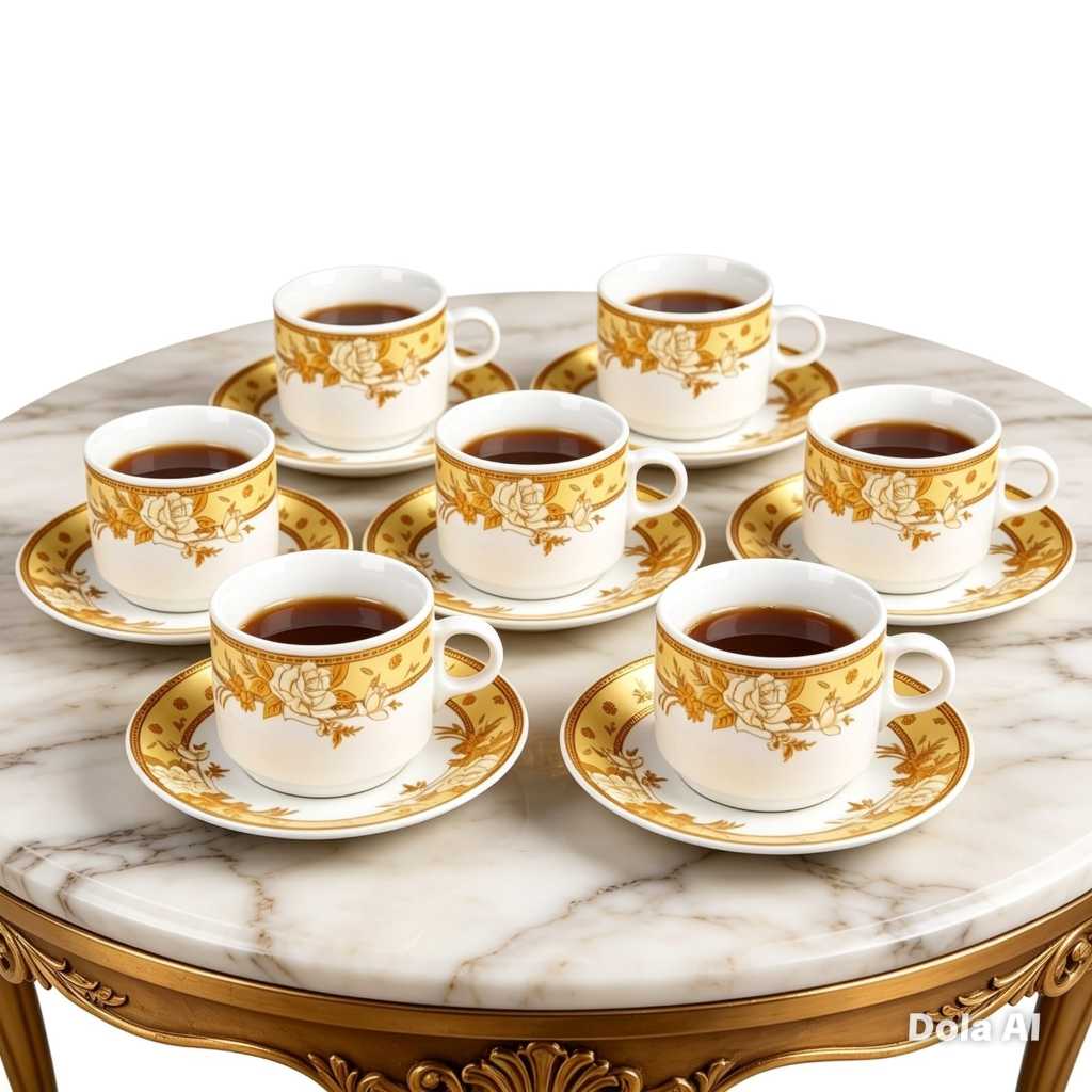 Mug Gelas Cangkir Tatakan 200 cc Desain Gold 6 pieces Keramik Home Line