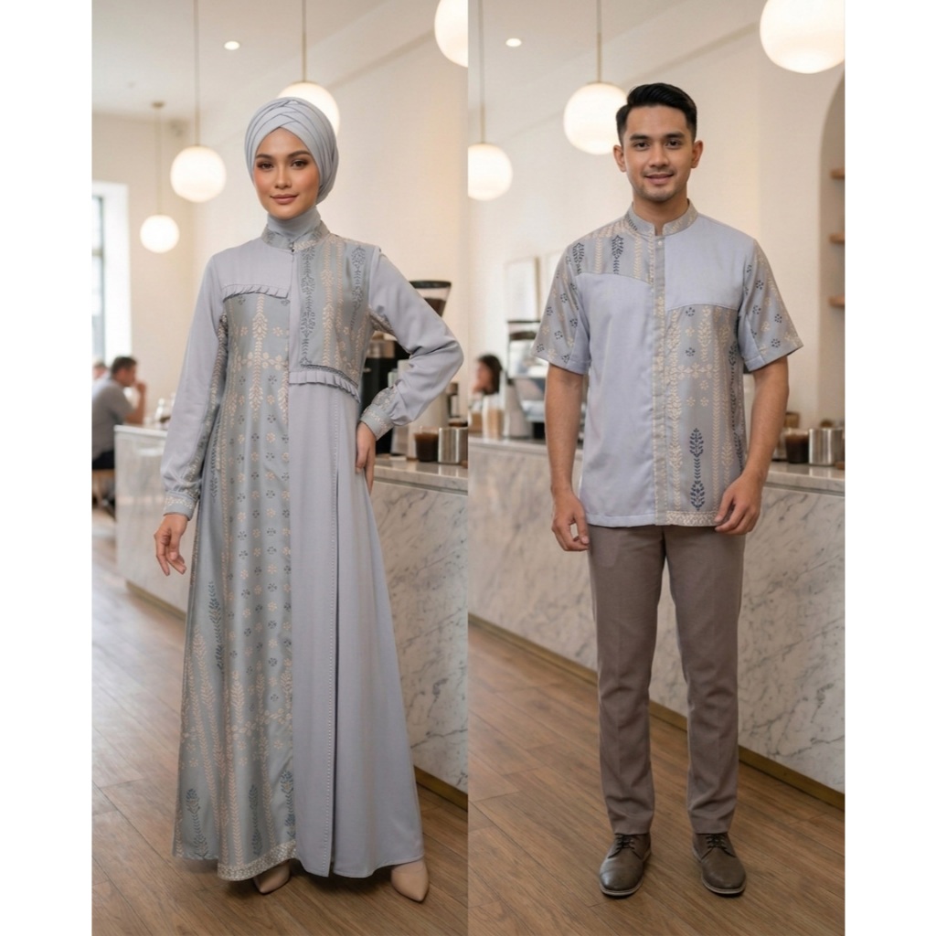 Gamis Couple Koko Pria Kain Dior Silk Mix Maxmara Motif premium Elegan Kekinian_Fashion Couple Konda