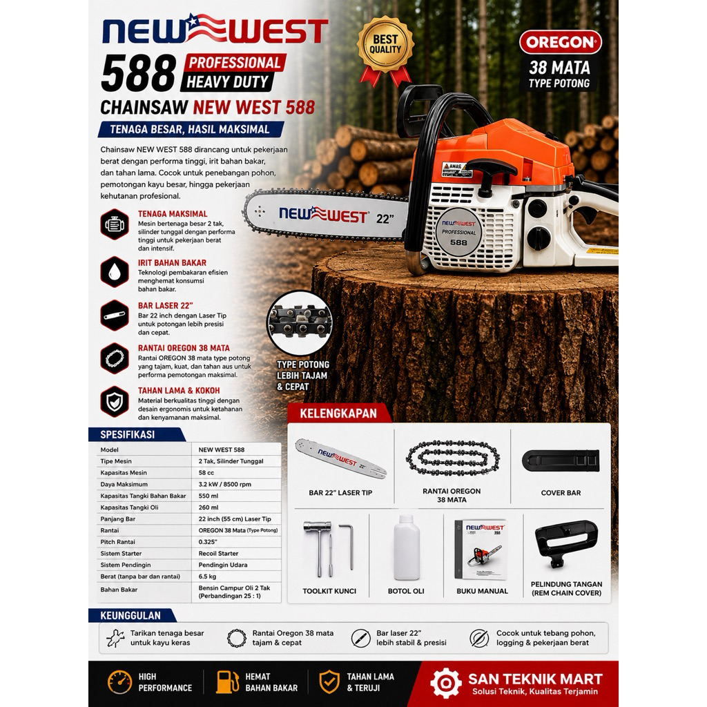 Mesin Gergaji Kayu Murah New West Original 588 Bar Laser 22 Inch