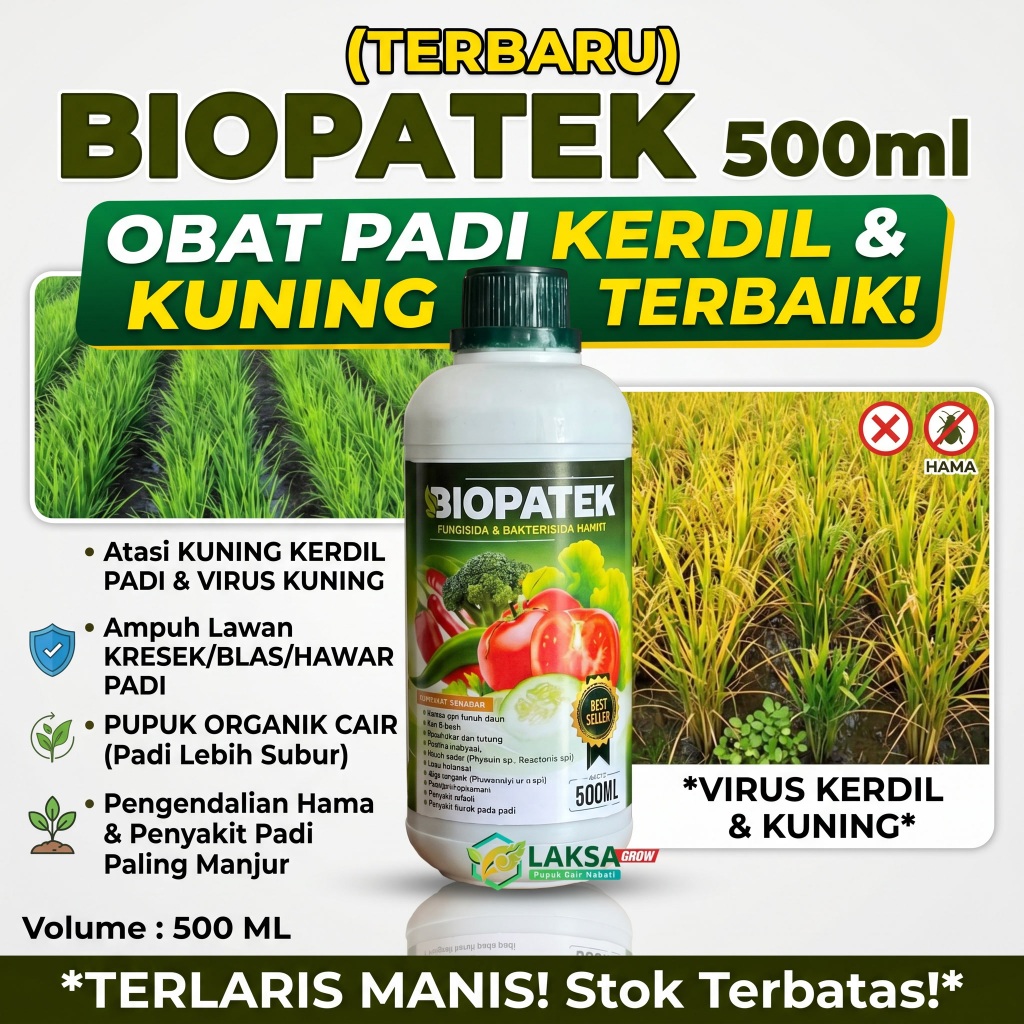 Obat Penyakit Padi TERLARIS BIOPATEK 500ML Lengkap Kerdil Bulai Hawar Daun Kuning Wereng Coklat Fung