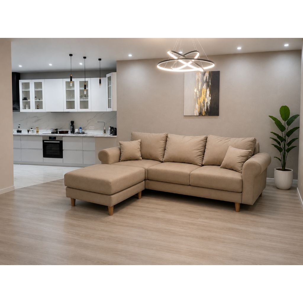 Sofa L Minimalis, sofa kaki kayu , sofa L gwenina