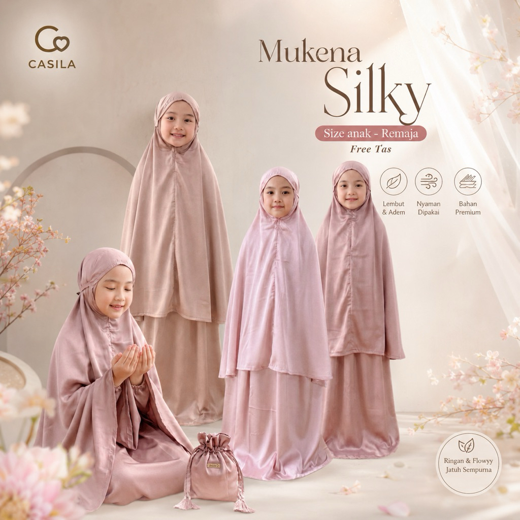 Mukena Polos Silky Premium casila | Mukena anak Premium | Mukena Polos anak