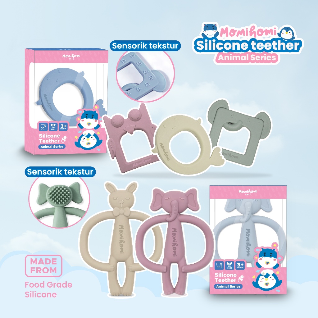 {SILIKON LEBIH TEBAL} Momi Homi Animal Silicone Teether Mainan Gigitan Anak Bayi Silikon Karakter He