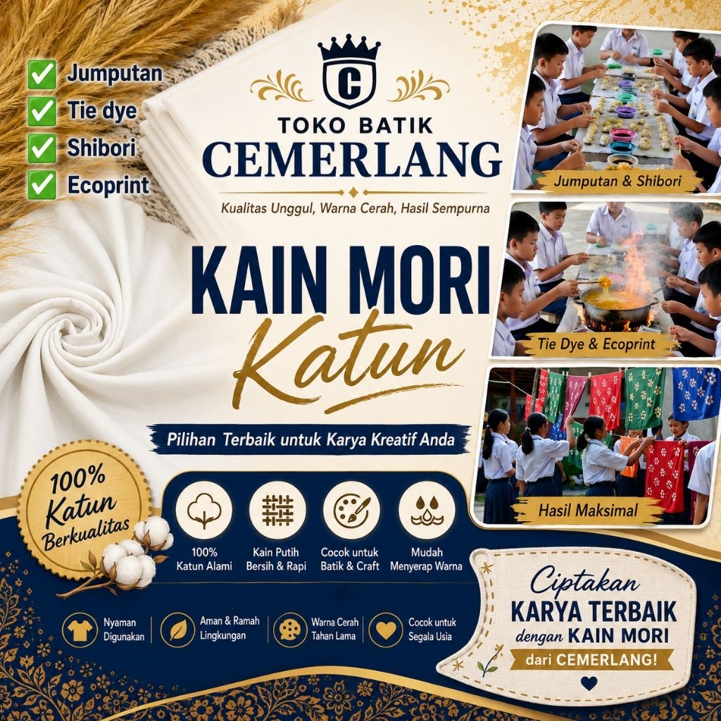 Bahan Kain Mori Katun Primissima Primisima Putih Polos Bahan Untuk Batik Jumputan / Tie Dye / Shibor