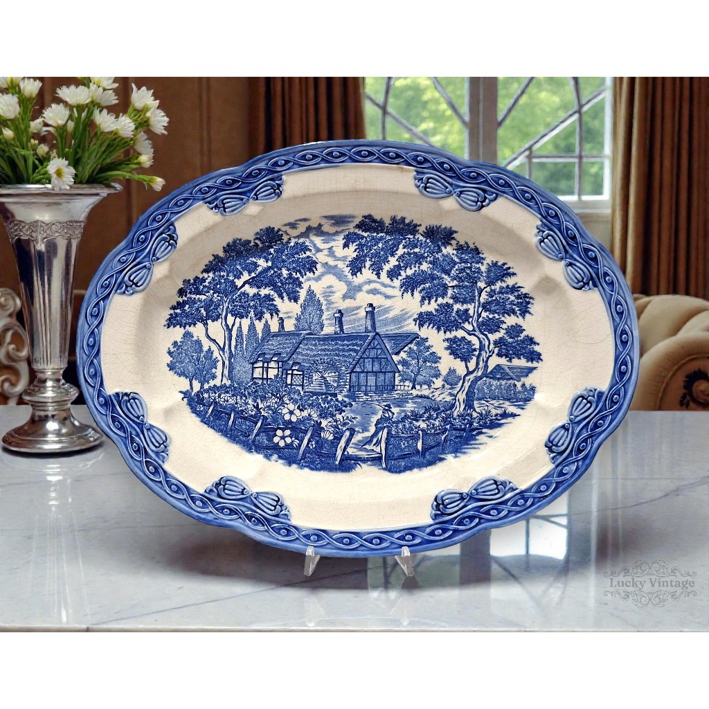 Vintage Made In Japan Oval Plate Lodor Keramik Biru Putih Lawas