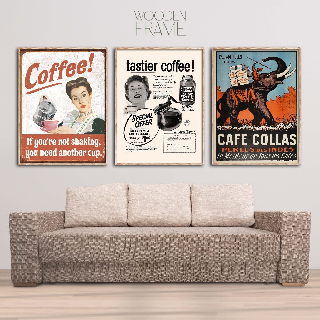 Poster Iklan Kopi Jadul Bingkai Frameblock Kayu - Walldecor Iklan Kopi Vintage