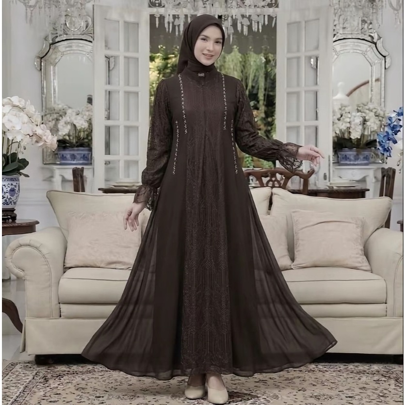Ameraa Luxury Dress Brokat Tille Gamis Kondangan Wanita Terbaru Mewah Simple Elegant