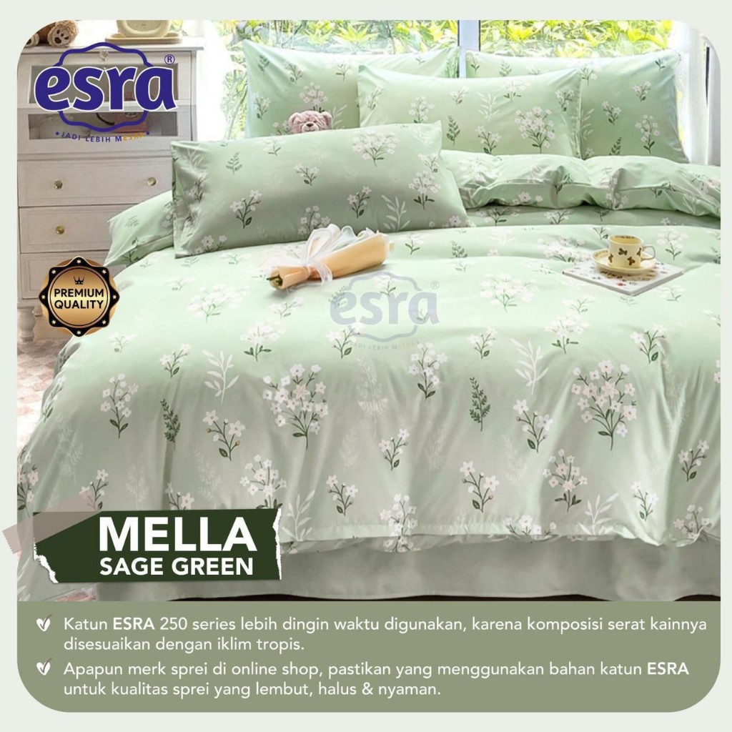 SPREI KARET ANTI GESER KATUN CVC PREMIUM MOTIF MELLA SAGE GREEN