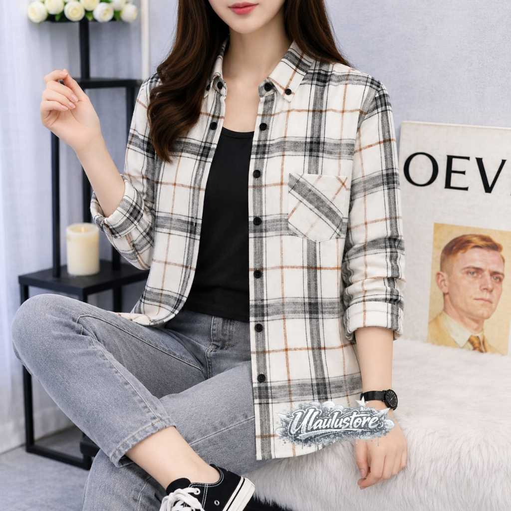 KEMEJA FLANNEL CEWEK LENGAN PANJANG KEMEJA WANITA KOTAK GARIS CASUAL
